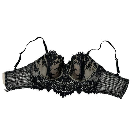 VICTORIAS SECRET Dream Angels Lined Demi Bra Black Nude Lace Size 34DD Eyelash - Picture 3 of 6